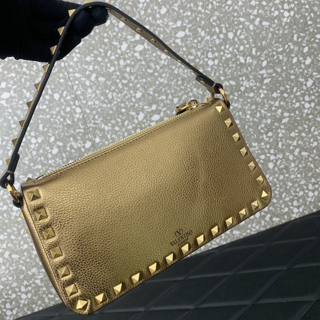 Valentino Garavani Rockstud Small Crossbody Bag in Gold Grainy Calfskin